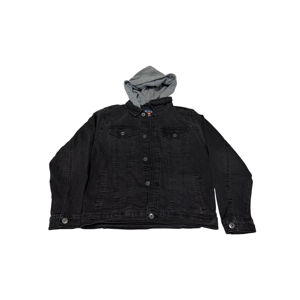 The Childrens Place Kids Black Denim‎ Hooded Trucker Jacket Size L 10/12